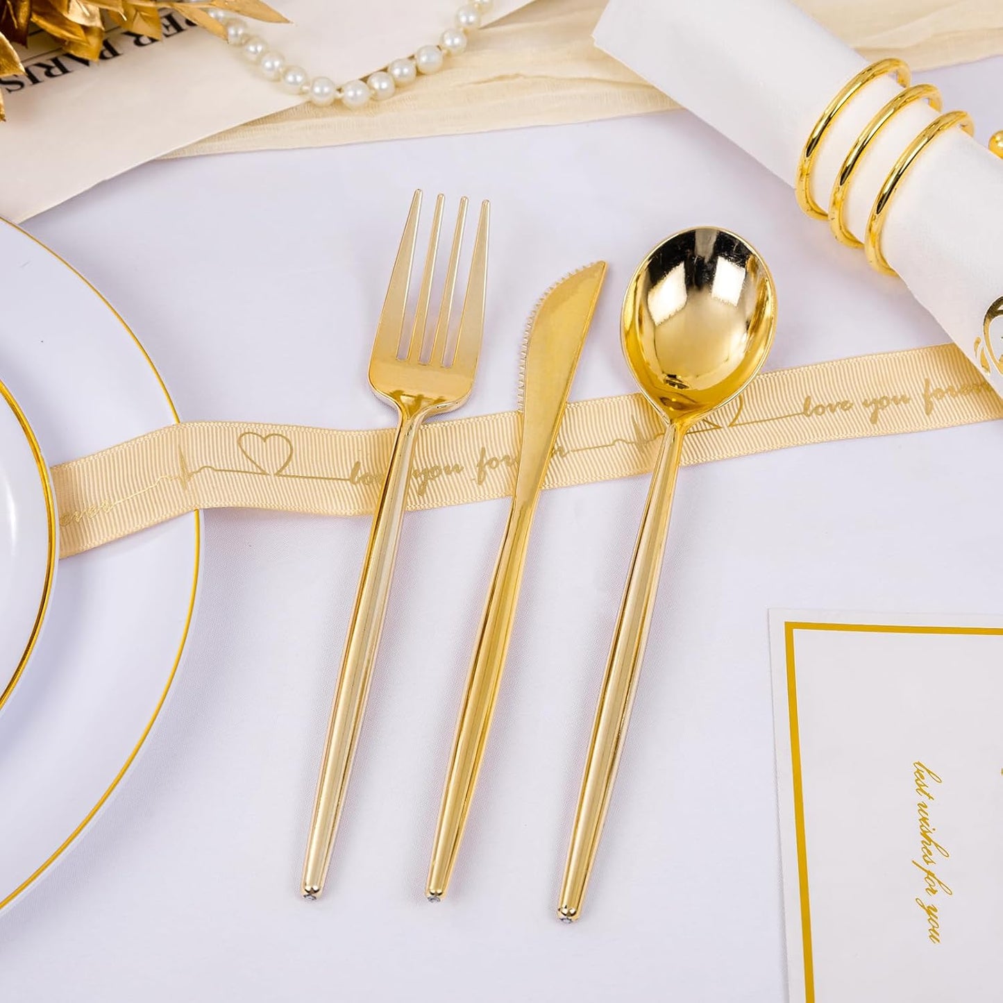 MirthMood 350Pcs White and Gold Dinnerware Set, Gold Party Plates Includes:50 Dinner Plates, 50 Dessert Plates, 150 Gold Plastic Cutlery,50 Paper Towels & 50 Cups