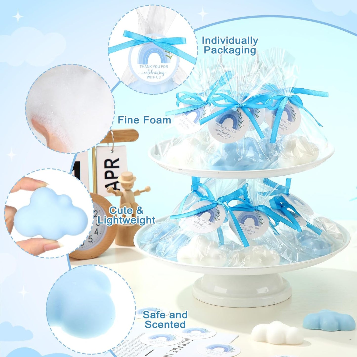 Demissle 20 Pcs Cloud Baby Shower Favors Soap Mini Handmade Scented Soap Party Favors for Guests Gifts with Thank You Card Christmas Wedding Party Bridal Shower Return Gifts(White,Blue)