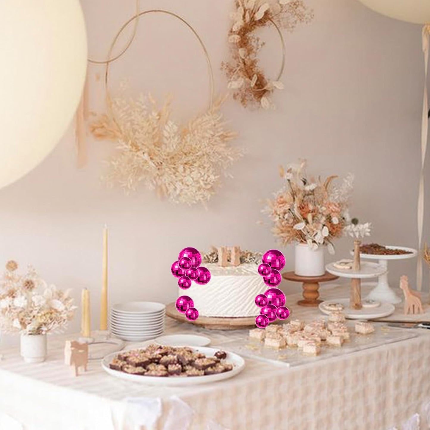 24 PCS Disco Ball Cupcake Toppers Christmas Disco Balls Cake Decorations Glitter Foam Ball DIY Balloons Cake Topper Decoration for Disco Theme Baby Shower Birthday Christmas Party Supplies Rose Red