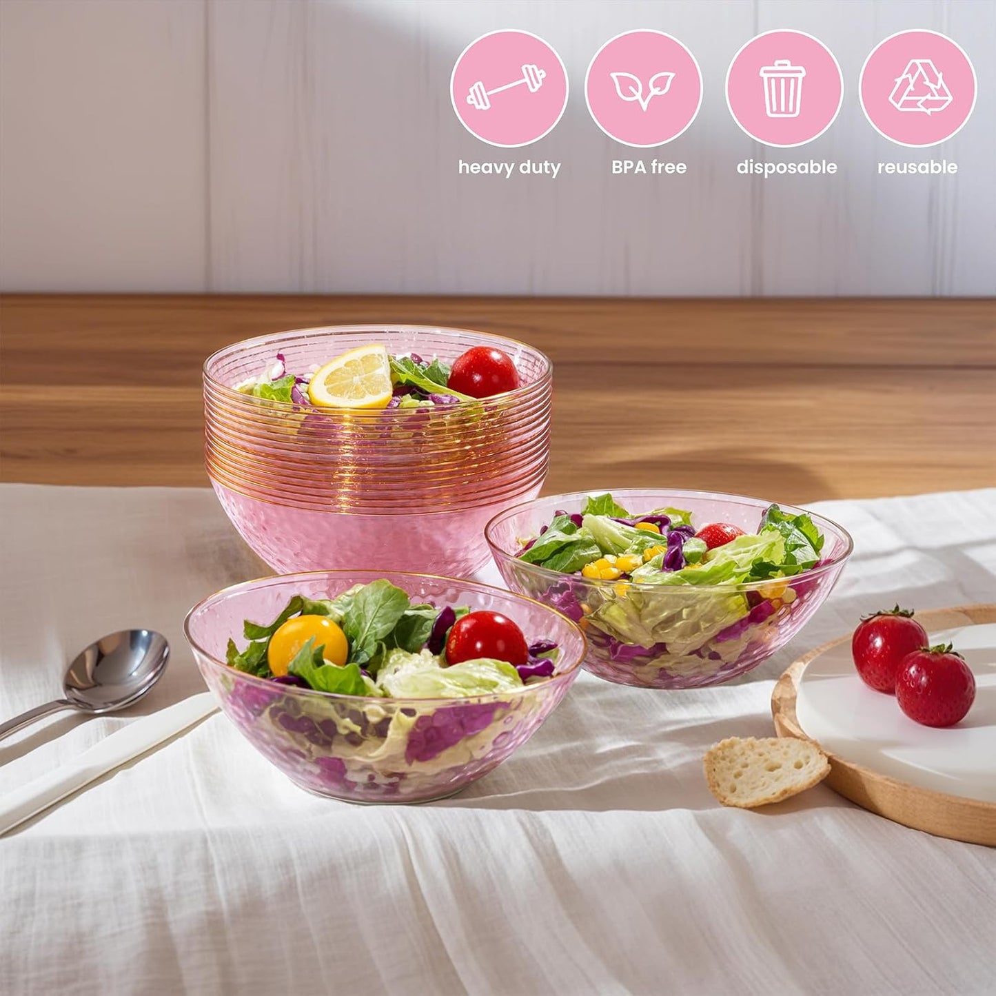 I00000 50 Pack 12 Ounce Pink Plastic Bowls Hammered Clear Bowl with Gold Rimmed, Heavy Duty Disposable Bowl Set,Elegant Salad/Dessert/Ice Cream Small Bowls for Thanksgiving Party
