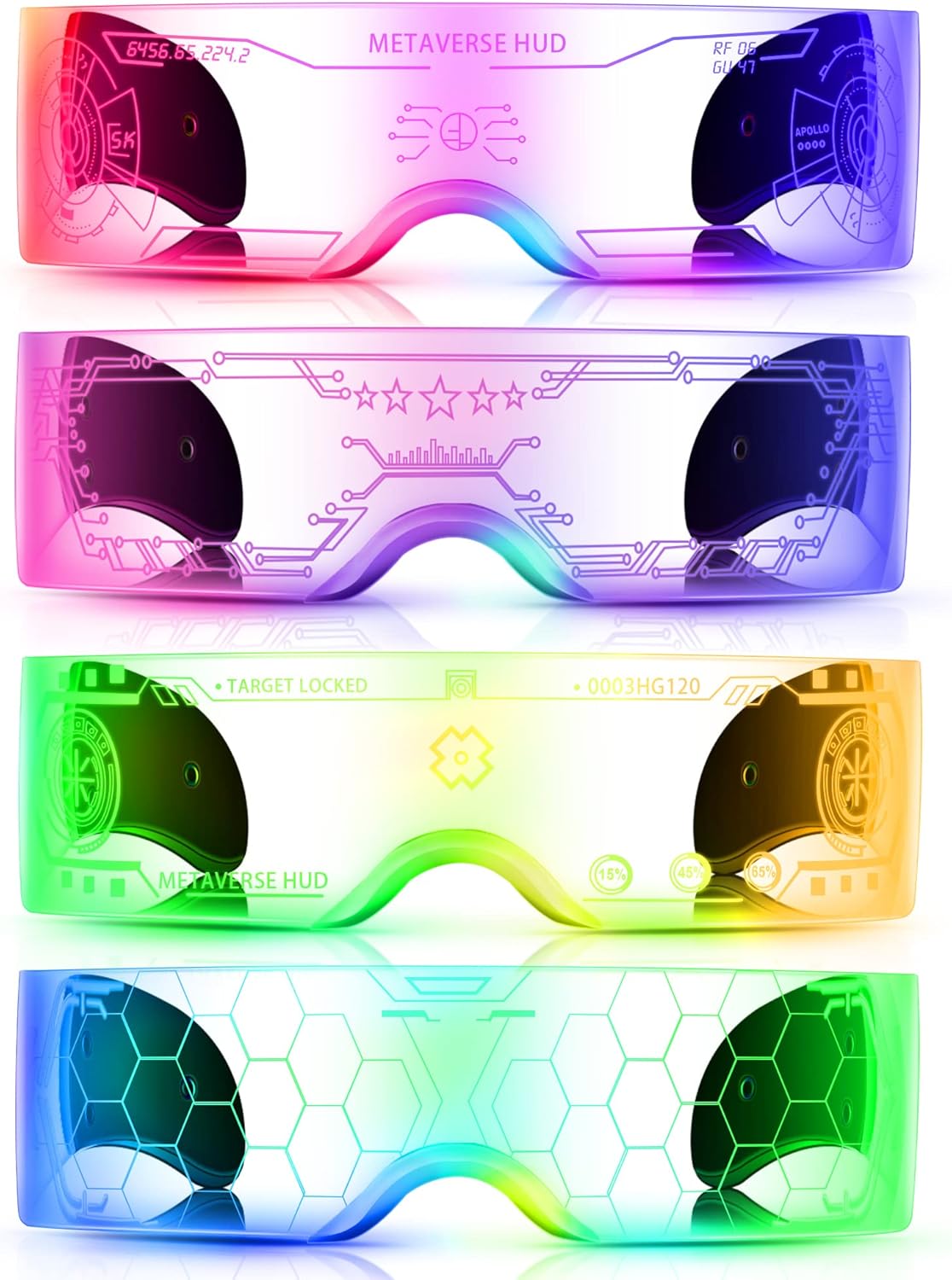 TOODOO 4 Pairs LED Visor Glasses Light up Glasses Futuristic Luminous Rave Glasses 7 Colors 4 Modes for Club Christmas Party