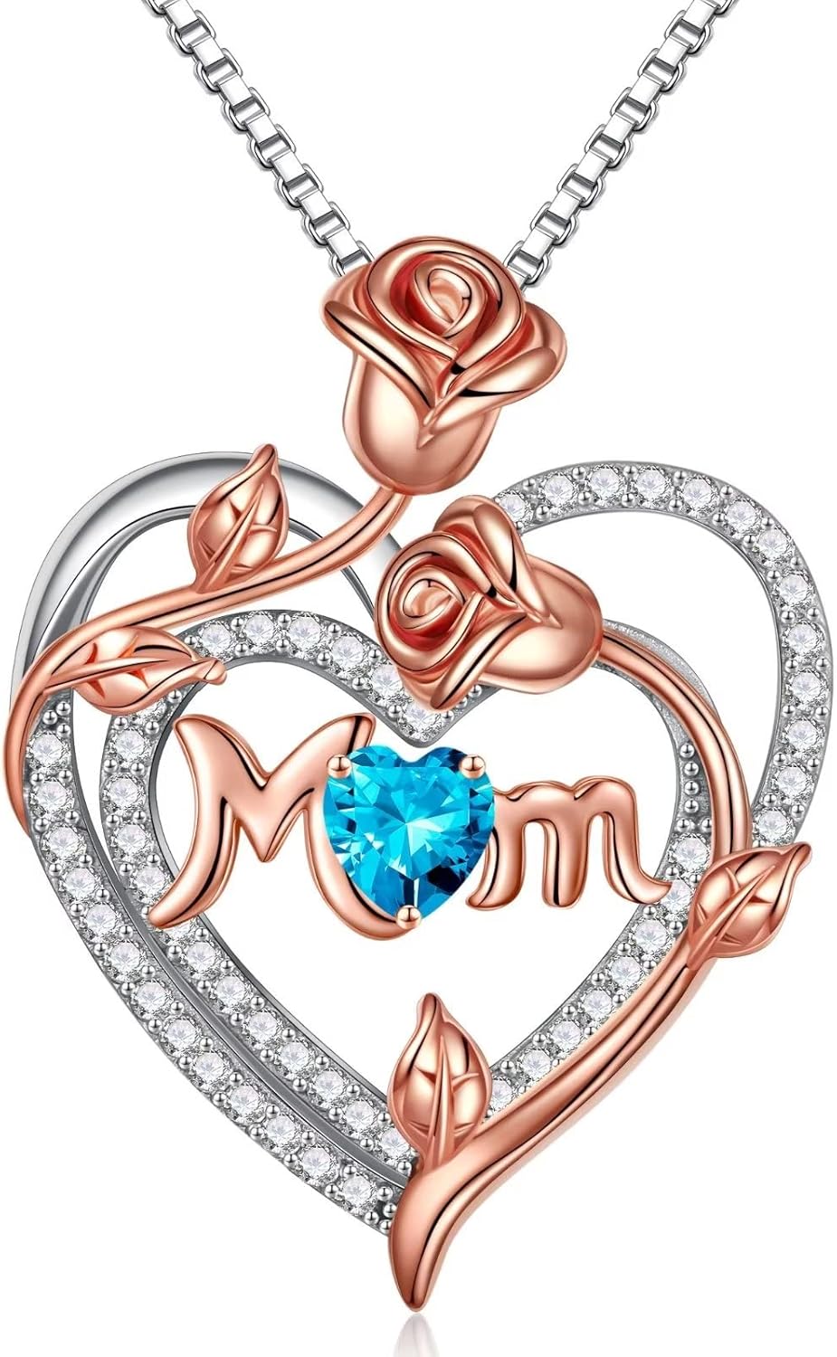 Iefil Christmas Gifts for Mom- 925 Sterling Silver Necklace, Rose Heart Birthstone Necklace, Stocking Stuffers for New/Step/Bonus Mom/Mother in Law