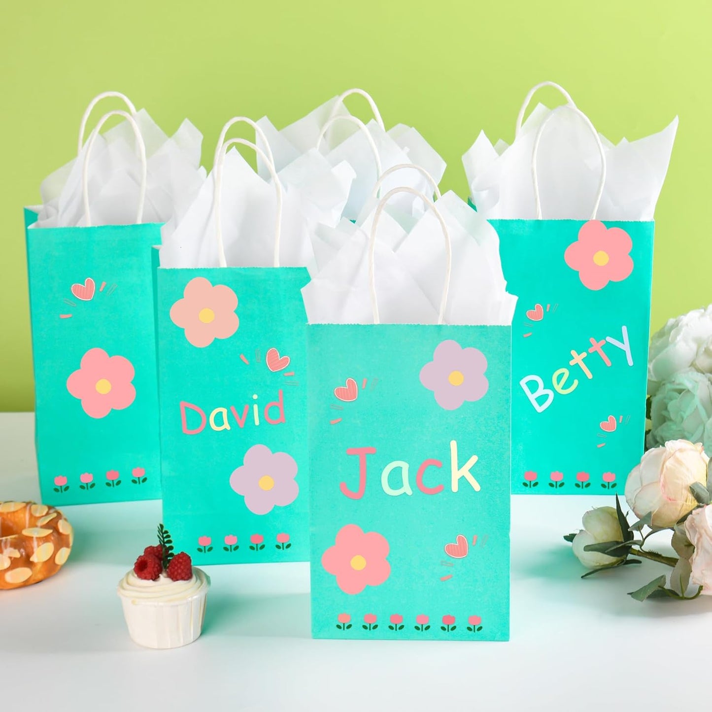DjinnGlory 24 Pack Small-Sized Teal Paper Bags 9x5.5x3.15 Inches with 24 White Tissue Paper, Aqua Blue Bags with Handles for Wedding Bridal Shower Birthday Party Favors Goodies, Christmas Gifts