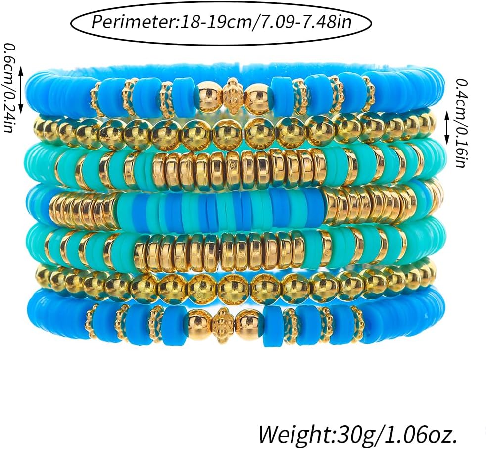 Friendship Bracelets for Women - Heishi Surfer Colorful Smile Evil Eye Clay Beaded Stretch Bracelets Elastic Layering - Stackable Boho Disc Y2K Aesthetic Summer Jewelry Set.