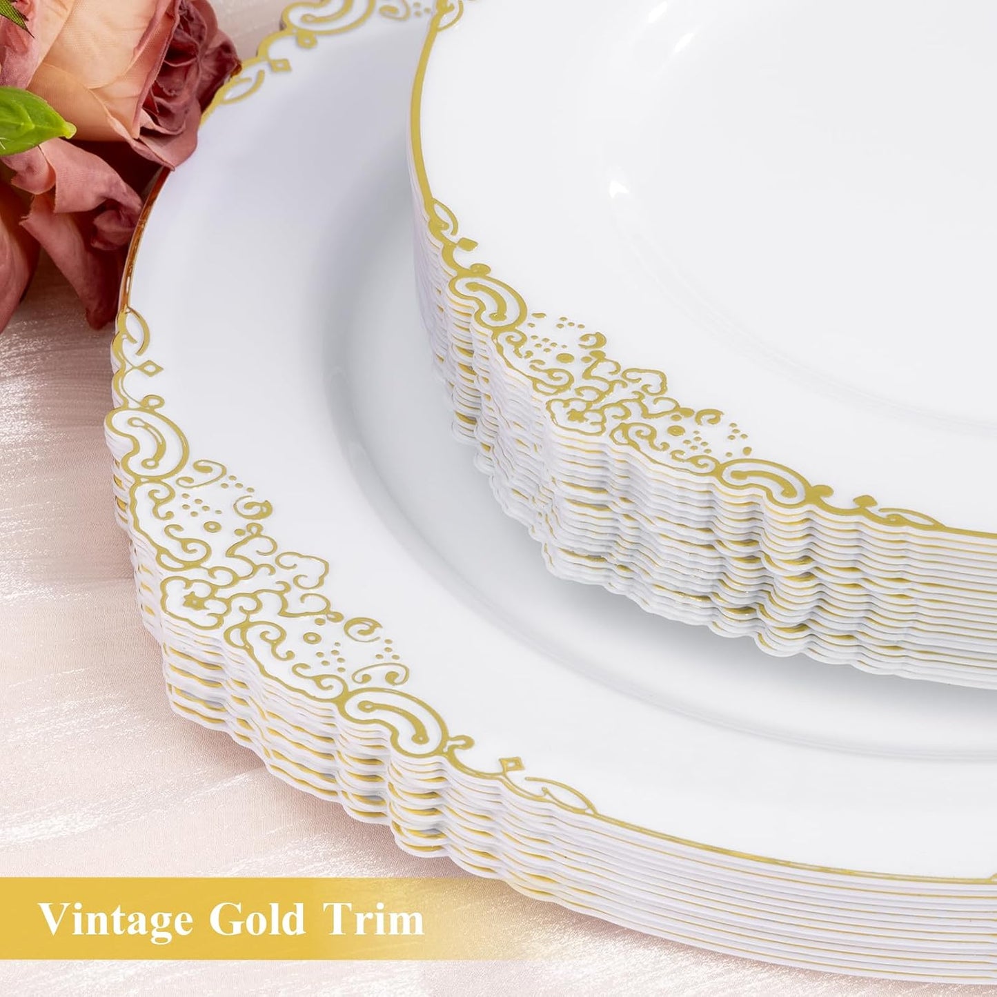 Goodluck 100PCS White and Gold Plastic Plates – 10.25” Heavy Duty Disposable Dinner Plates & Party Plates for Weddings, Parties, Events – Elegant, Sturdy