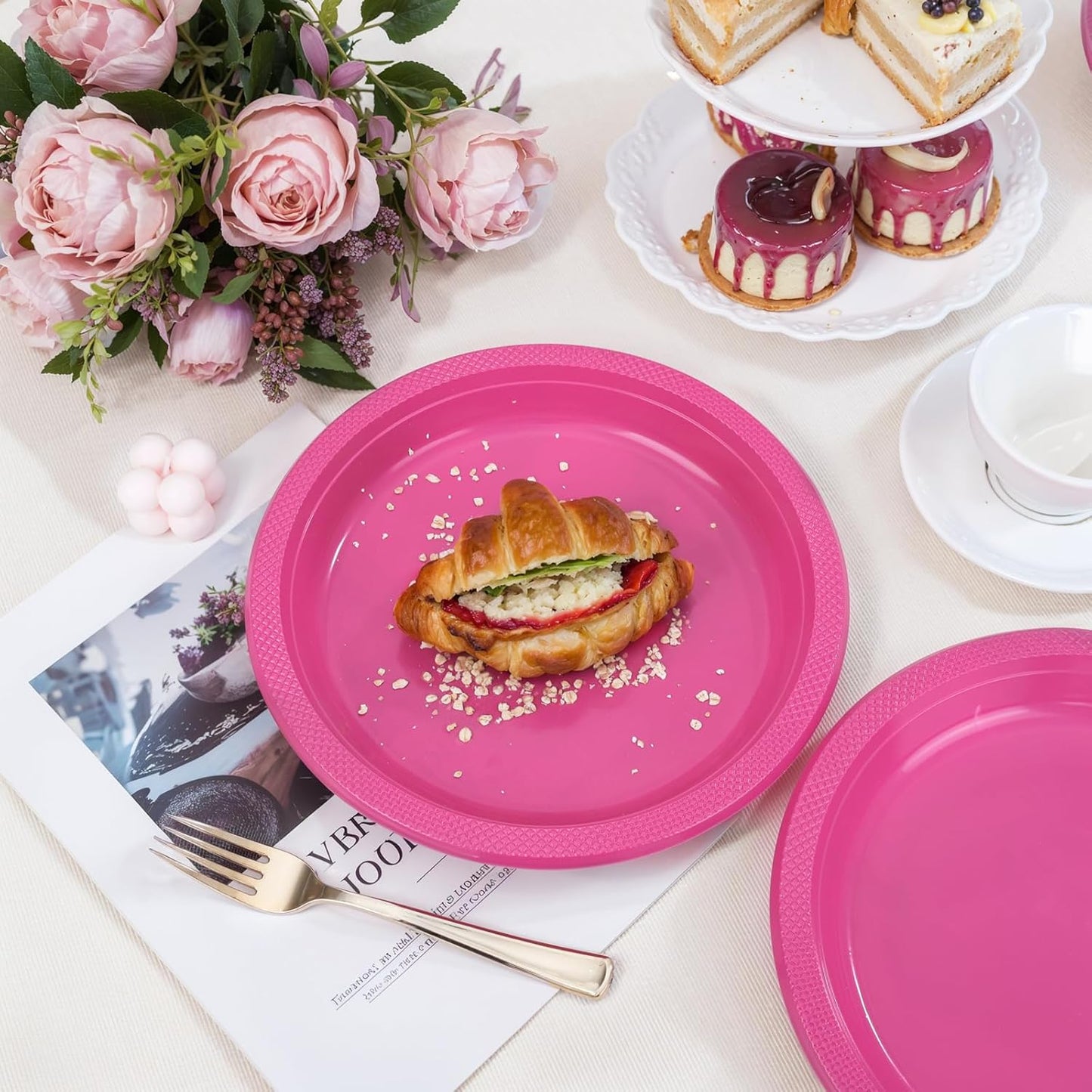 WELLIFE Hot Pink Party Plates 10 Inch -150 Count, Disposable Plastic Dinner Plates for Valentine's Day Girls' Party Easter Mother's Day Birthday Baby Shower Wedding