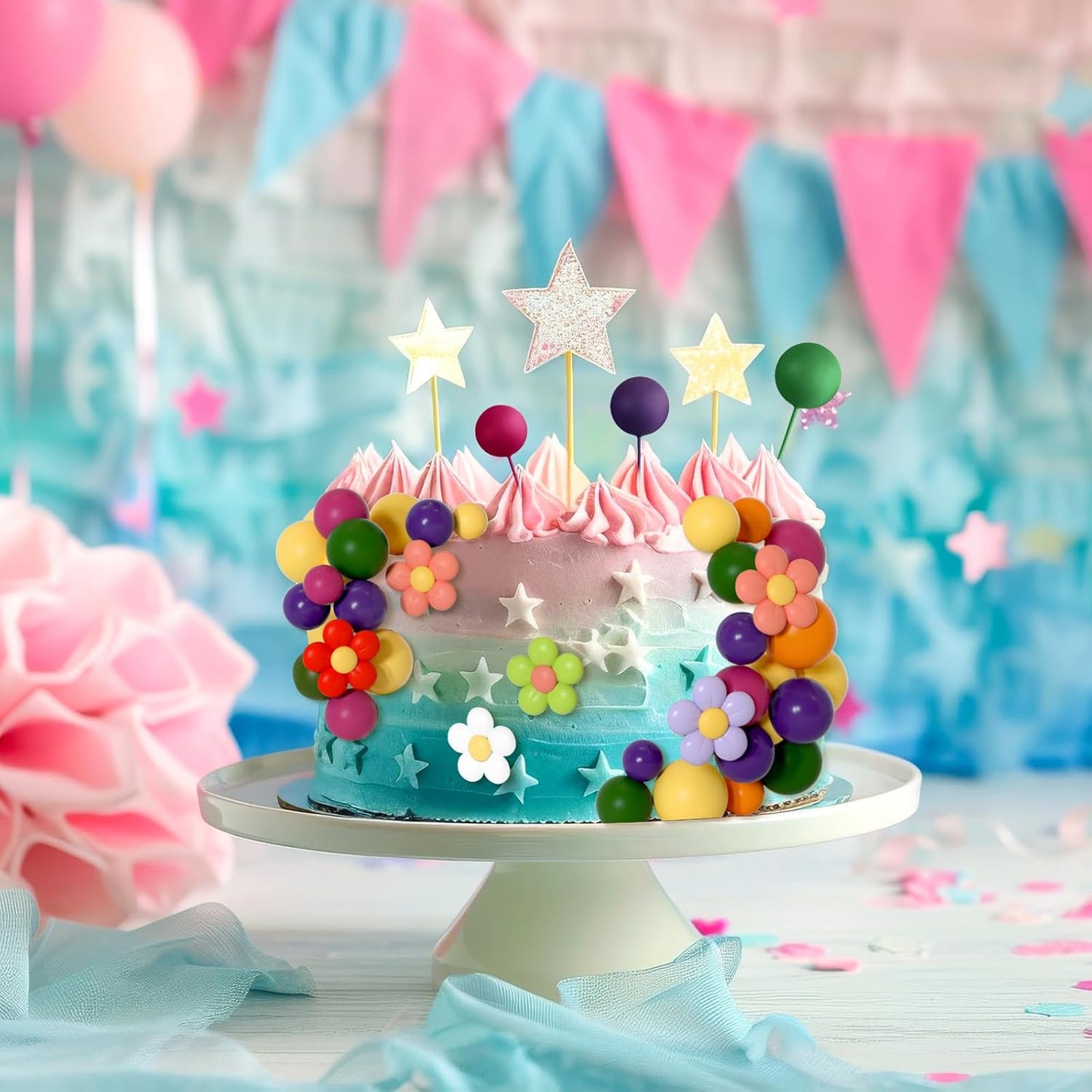 61 Pcs Boho Cake Topper Balls Decorations Mini Balloon Retro Hippie Daisy Flower Acrylic Cake Topper for Birthday Party Wedding Rainbow Baby Shower (Rainbow Colors)