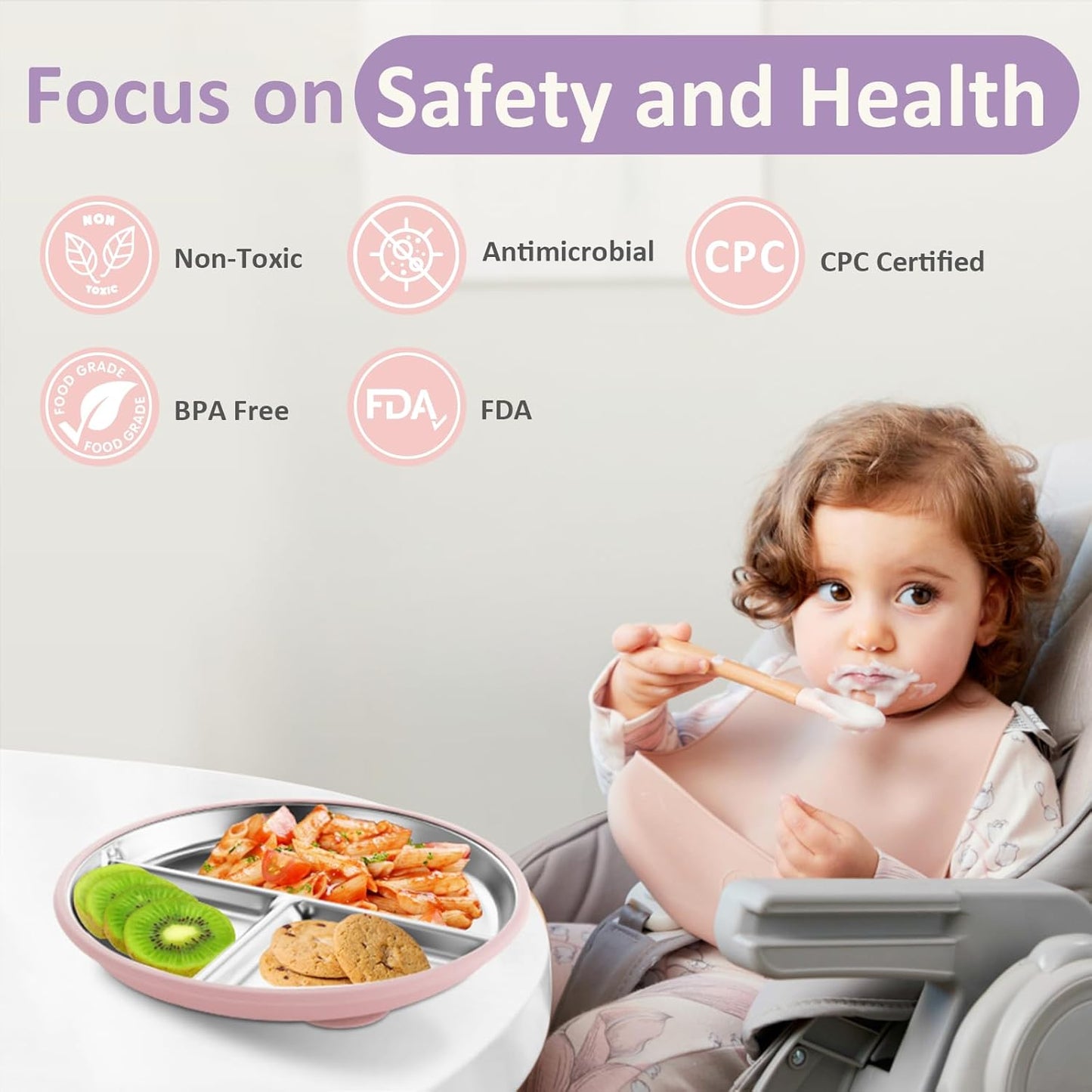 Stainless Steel Baby Plate with Suction, 9” Divided Toddler Plates with Removable Silicone Sleeves for Kids, Non-Toxic Non-Slip Unbreakable Dishwasher Safe Dinnerware Set of 2, Pink & Lilac