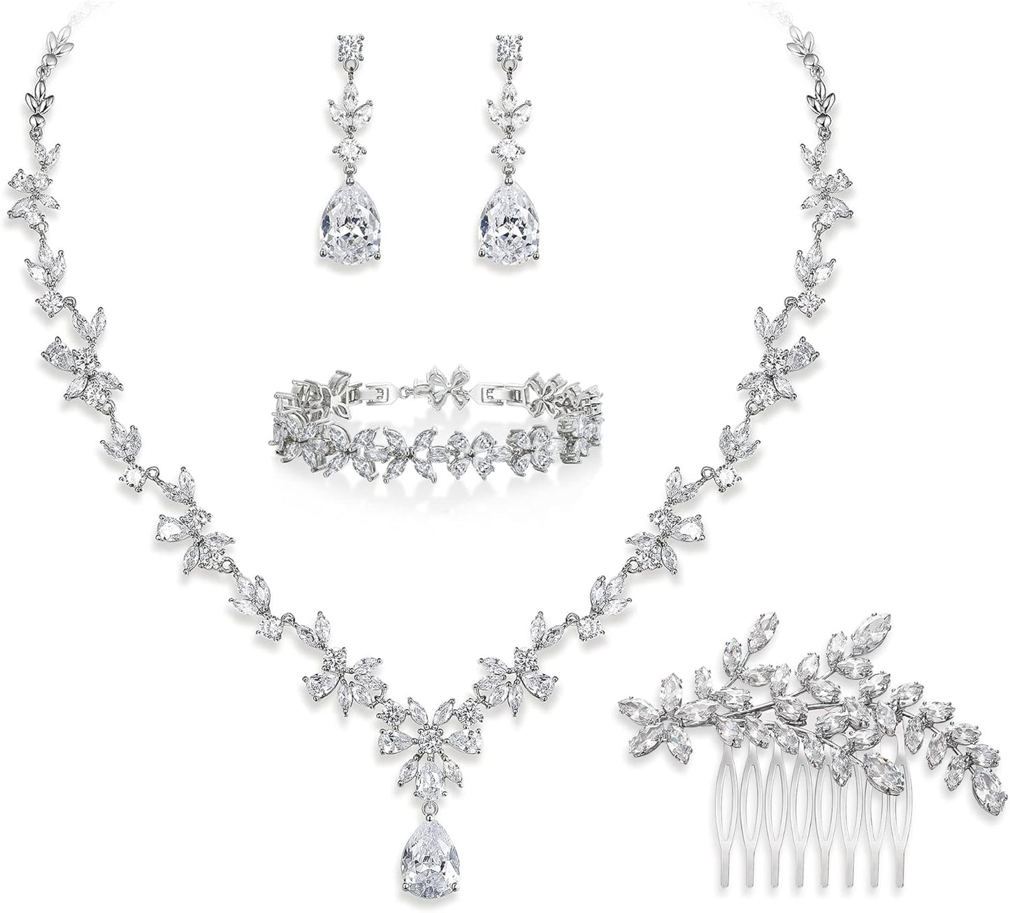 EVER FAITH Bridal Jewelry Set for Bride Bridesmaid, Flower Leaf Teardrop Cubic Zirconia Necklace Dangle Earrings Bracelet Sets Wedding Party for Women