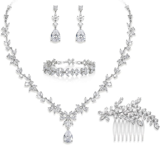 EVER FAITH Bridal Jewelry Set for Bride Bridesmaid, Flower Leaf Teardrop Cubic Zirconia Necklace Dangle Earrings Bracelet Sets Wedding Party for Women