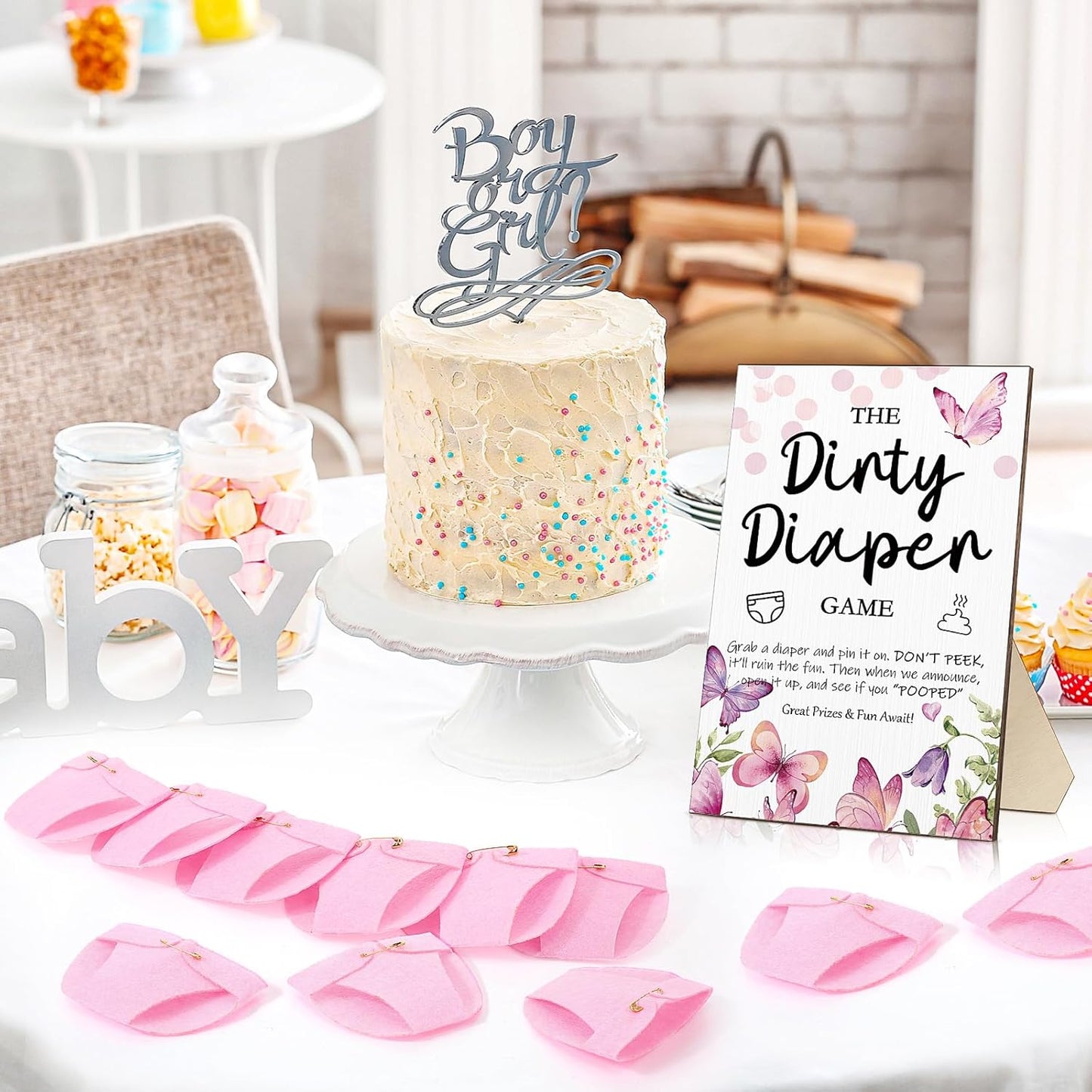 Roowest 51 Pcs Dirty Diaper Baby Shower Games Funny Wooden Sign with 50 Pcs Mini Diapers Cute Felt for Gender Reveal Party Baby Shower(Pink Butterfly)