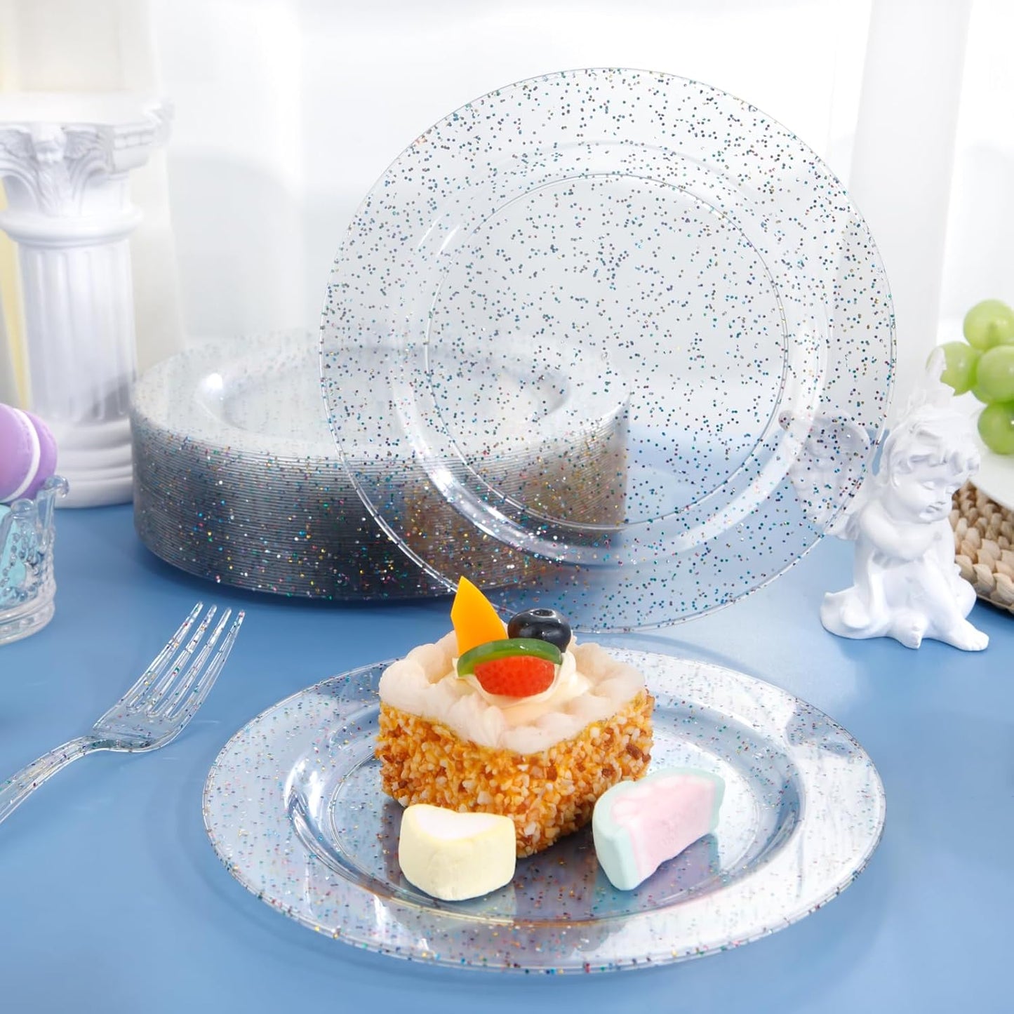 Liacere 100Pieces Colored Glitter Plastic Plates- Clear- Dessert Plates -7.5inch Glitter Plastic Dinner Plate Perfect for Wedding & Party & Birthday&Halloween