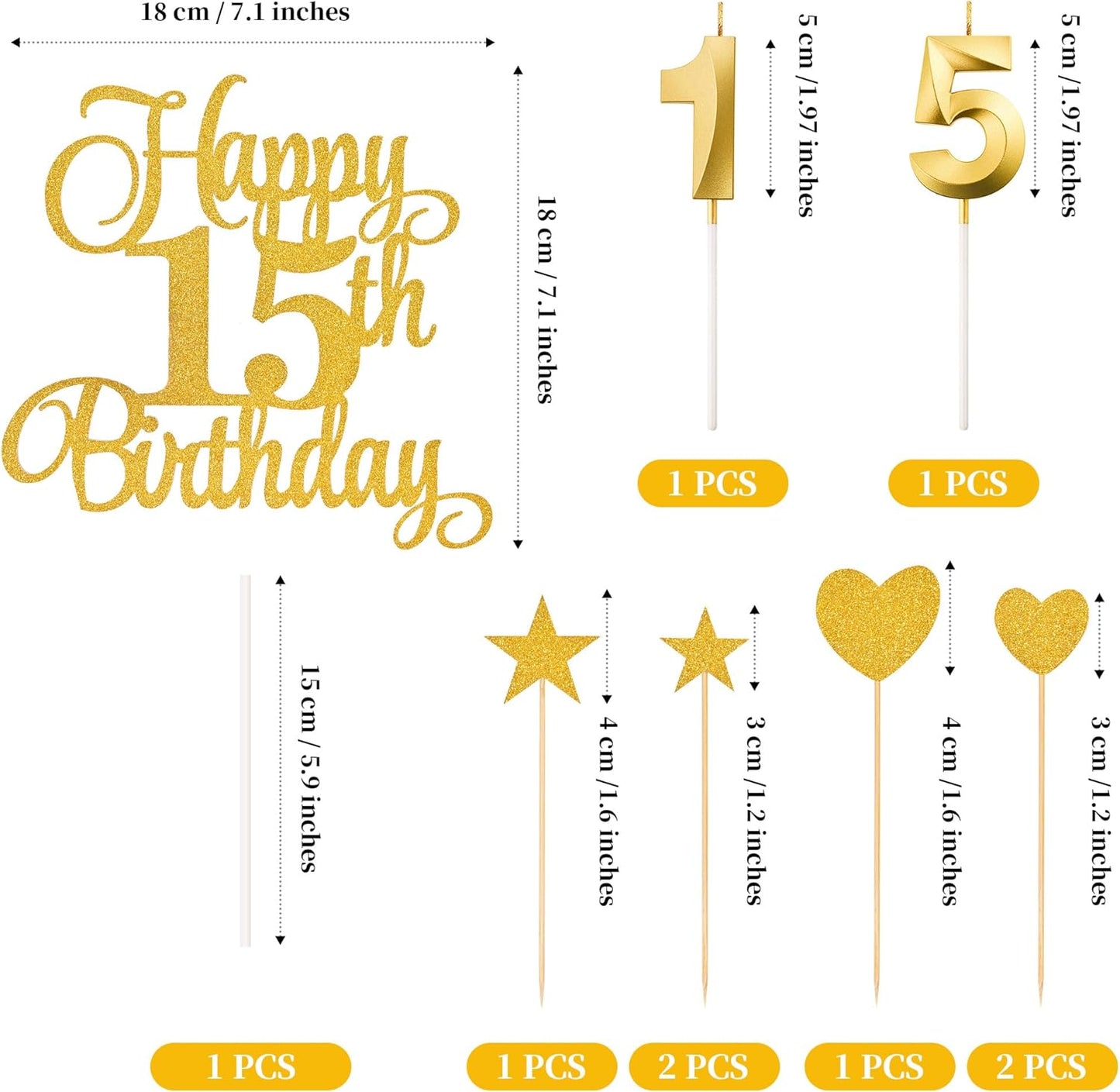 15th Birthday Cake Decorations, 15th Birthday Candles Cake Numeral Candles and Glitter Happy 15th Birthday Cake Toppers Set for Birthday Party Supplies (Gold)