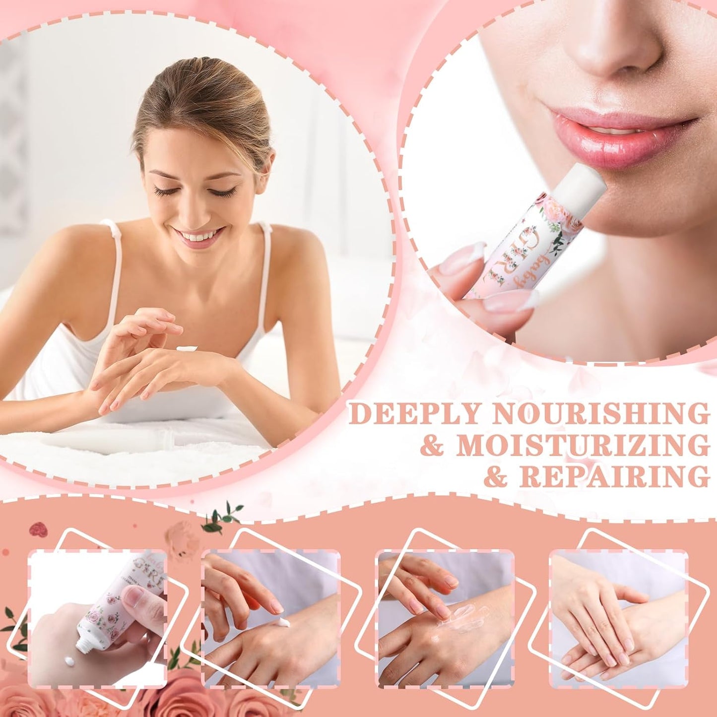 48 Sets 192 Pcs Baby Shower Gifts for Guests Include 48 Hand Cream and 48 Lip Balm Bulk Baby Girl Bridal Shower Party Favors Wedding Thank You Gift for Guests with Card Organza Bag Travel Size