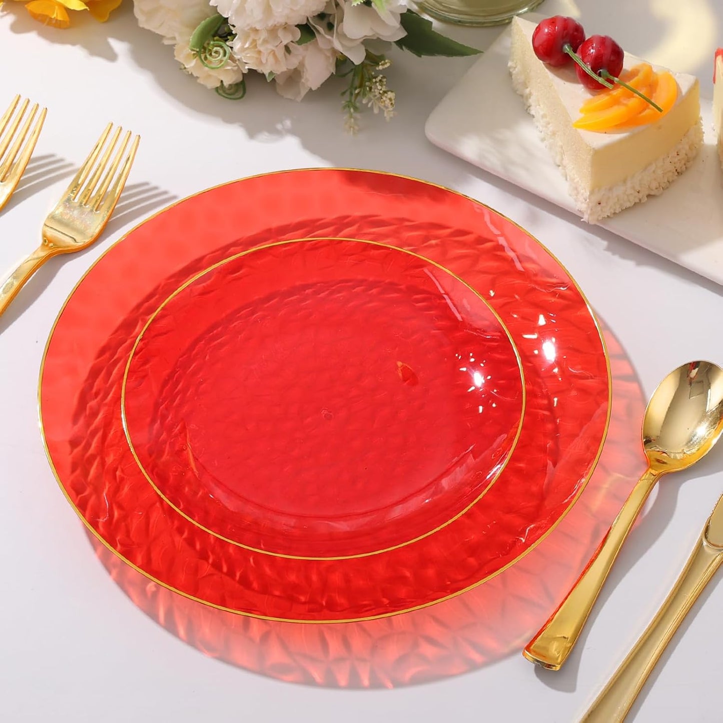 150 Pcs Red Plastic Plates - Red Gold Plastic Dinnerware Set for 25 Guests - 50 Disposable Plates, 75 Gold Silverware, 25 Napkins for Party Birthday Thanksgiving Christmas