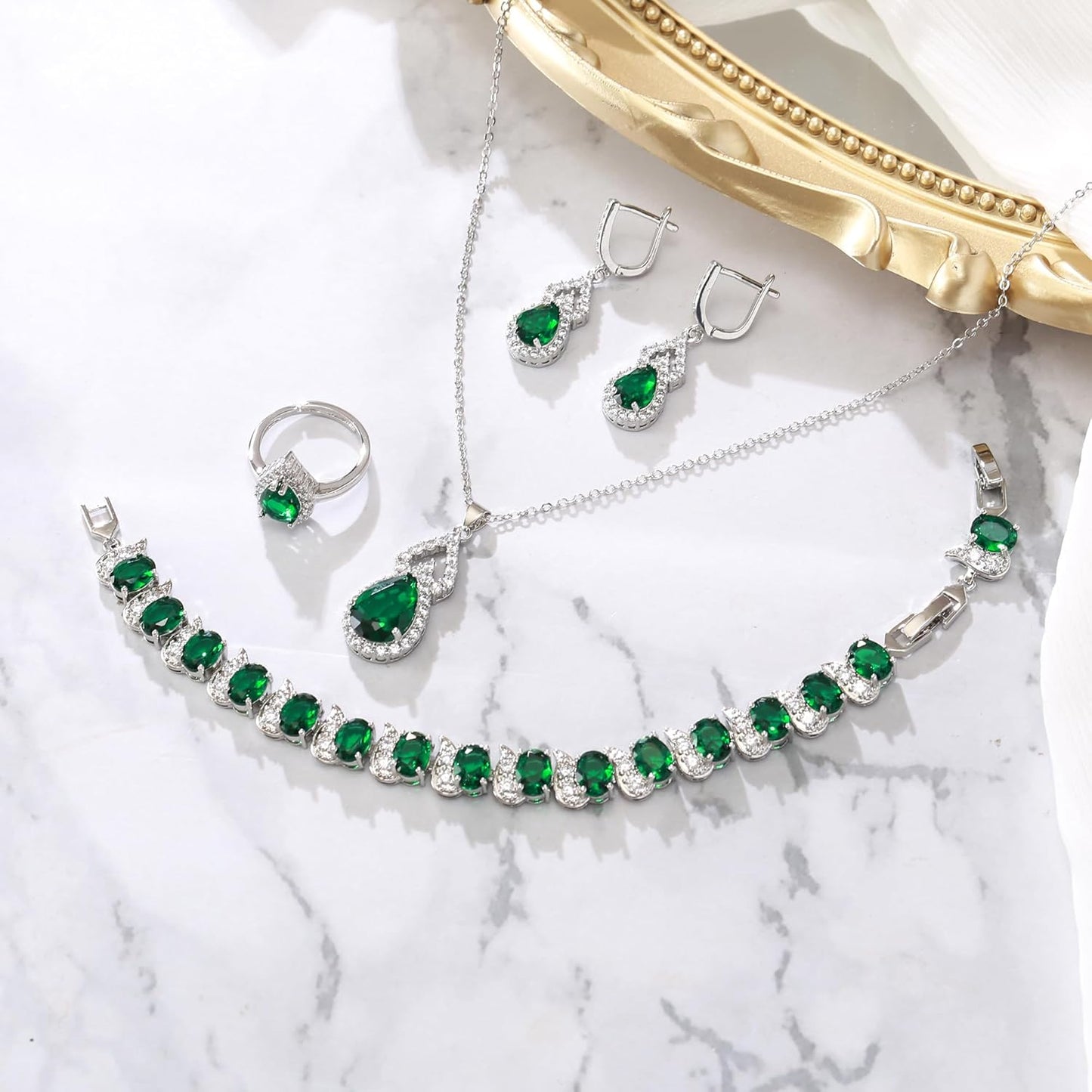 BriLove Wedding Jewelry Set for Women Bride Bridesmaid, Gorgeous Cubic Zirconia Teardrop Necklace Earrings Bracelet Adjustable Ring Jewelry Gift for Birthday/Anniversary/Mother’s Day