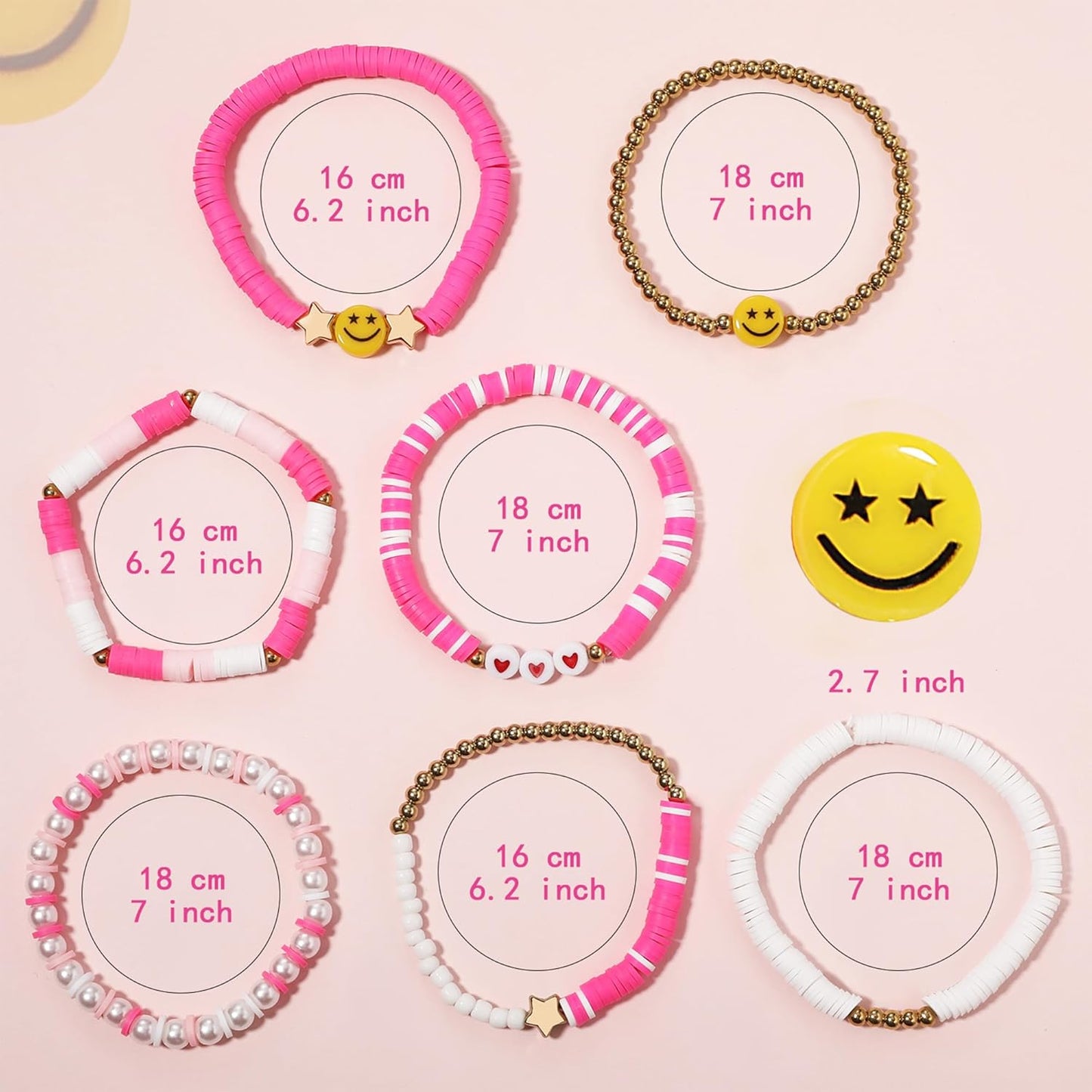 Preppy Bracelets Set Colorful White Gold Smile Heart Star Polymer Beaded Pearl Clay Stackable Charm Y2K Kidcore Aesthetic Summer Beach Bohemian Stretch Layering Bracelets Jewelry for Girls Women Teens