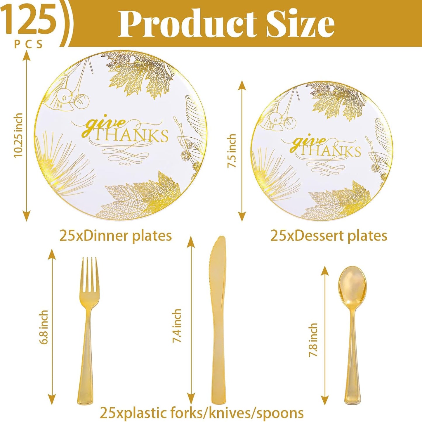 125PCS Thanksgiving Plastic Plates - Gold Disposable Dinnerware Sets - Thanksgiving Maple leaf Plates with Silverware for 25 Guests for Autumn Harvest Party Decor