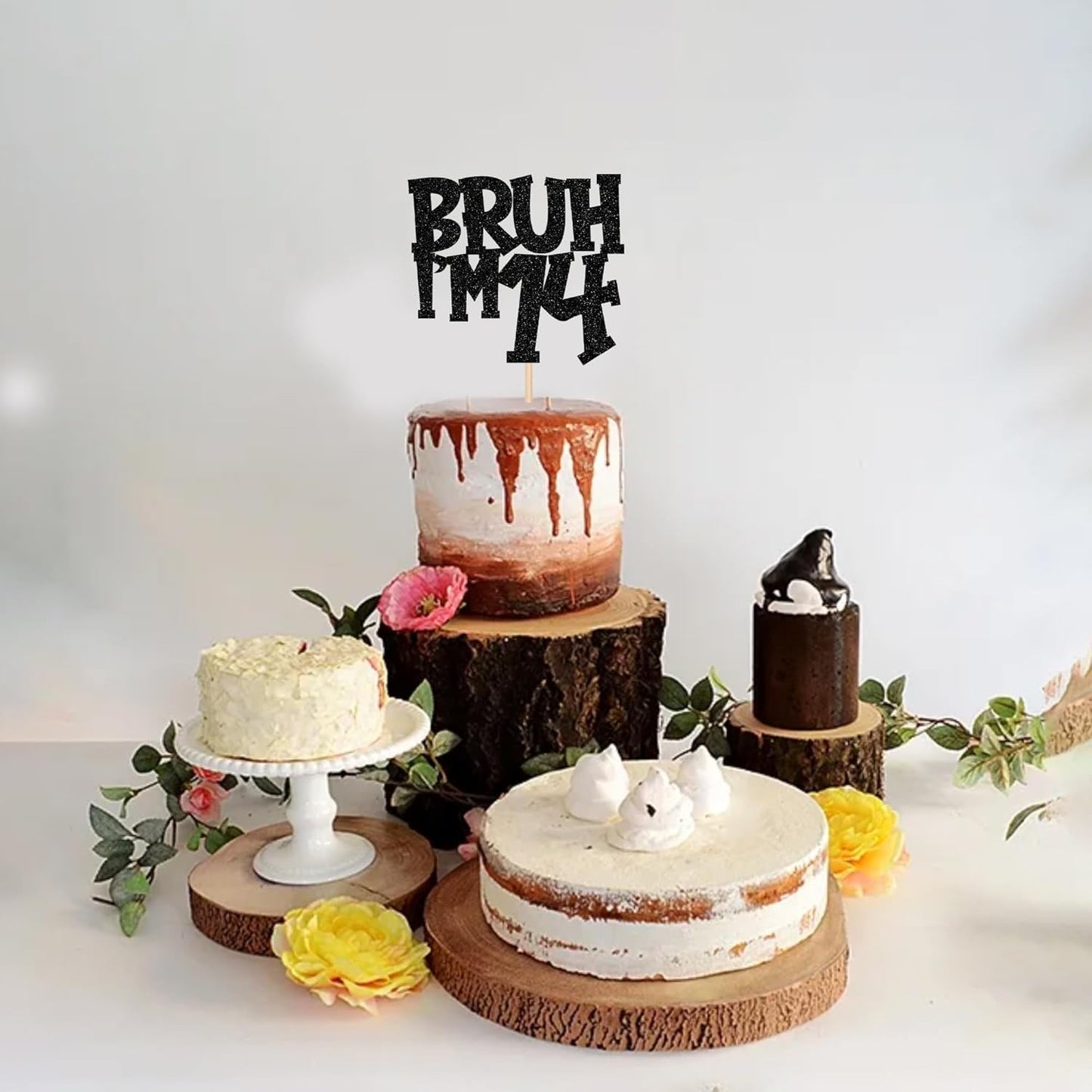 1 PCS Bruh I'm 14 Cake Topper Black Glitter Happy 14th Birthday Cake Pick Bro I'm 14 It's My 14th Birthday Cake Decoration for Cheers to 14 Years Birthday Party Decorations Supplies
