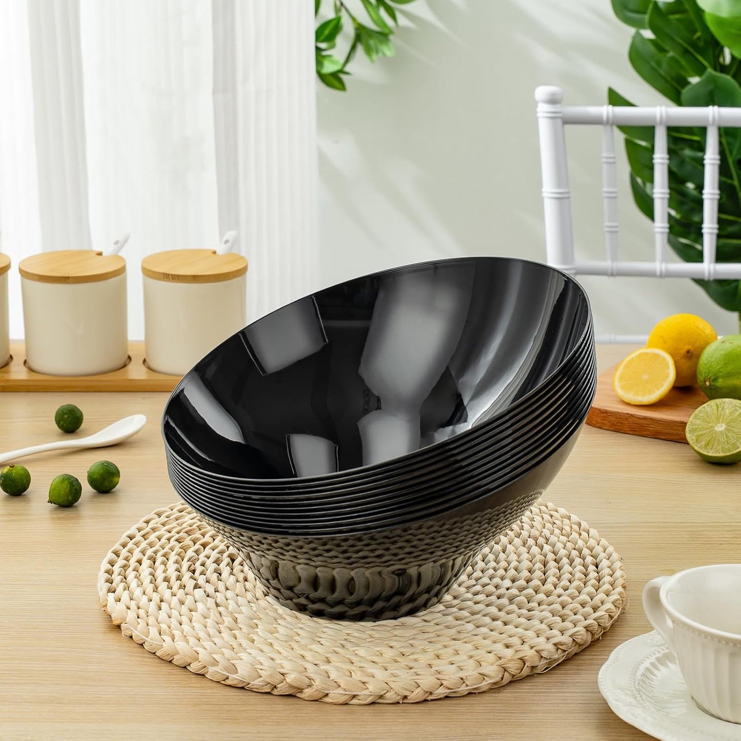 BESTVIP 54oz Black Plastic Serving Bowls for Party - 12 Pack Angled Disposable Serving Bowls, Party Bowls for Chips, Snacks, Fruit, Salad - Catering Bowls for Daily Use, Parties,Halloween, Christmas