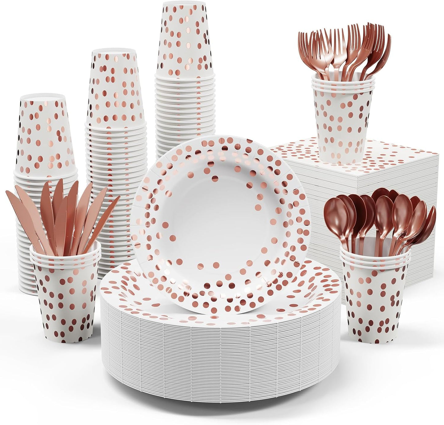 White and Rose Gold Party Supplies - 350 PCS Disposable Dinnerware Set - White Paper Plates Napkins Cups, Gold Plastic Forks Knives Spoon for Graduation, Birthday, Thanksgiving, Cocktail Party