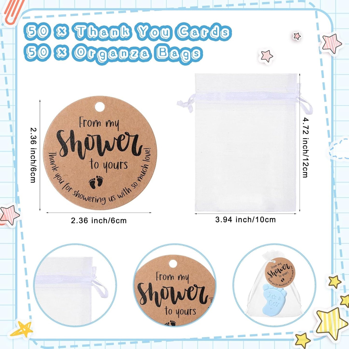 50 Sets Baby Shower Soap Favors for Guests Boy Girl Mini Handmade Scented Soaps with Thank You Tags and Organza Bags for Shower Gender Reveal Party Favors(It's A Boy,Blue Baby Feet)