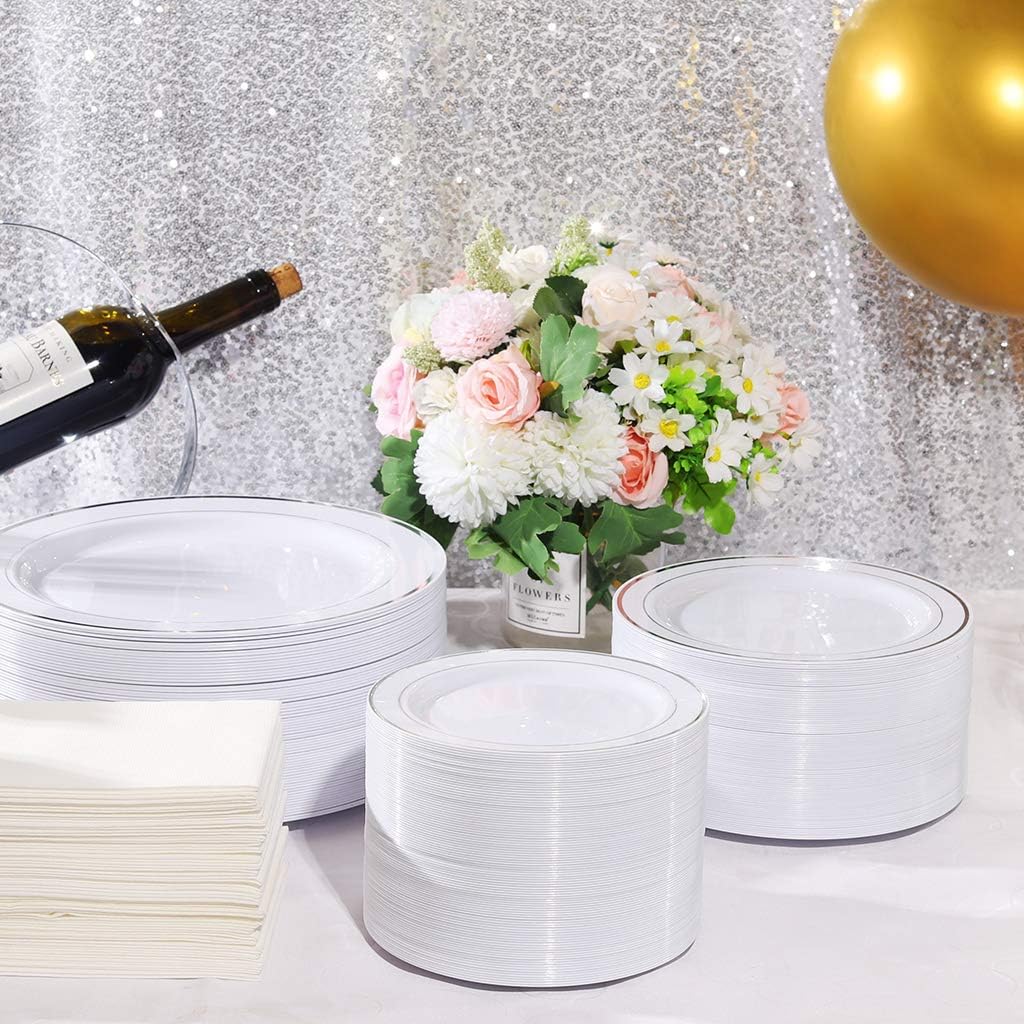 bUCLA 100Pieces Silver Plastic Plates - 6.25inch White with Silver Rim Disposable Salad/Dessert/Appetizer/Small Cake Plates for Weddings, Christmas, Parties&Gathering