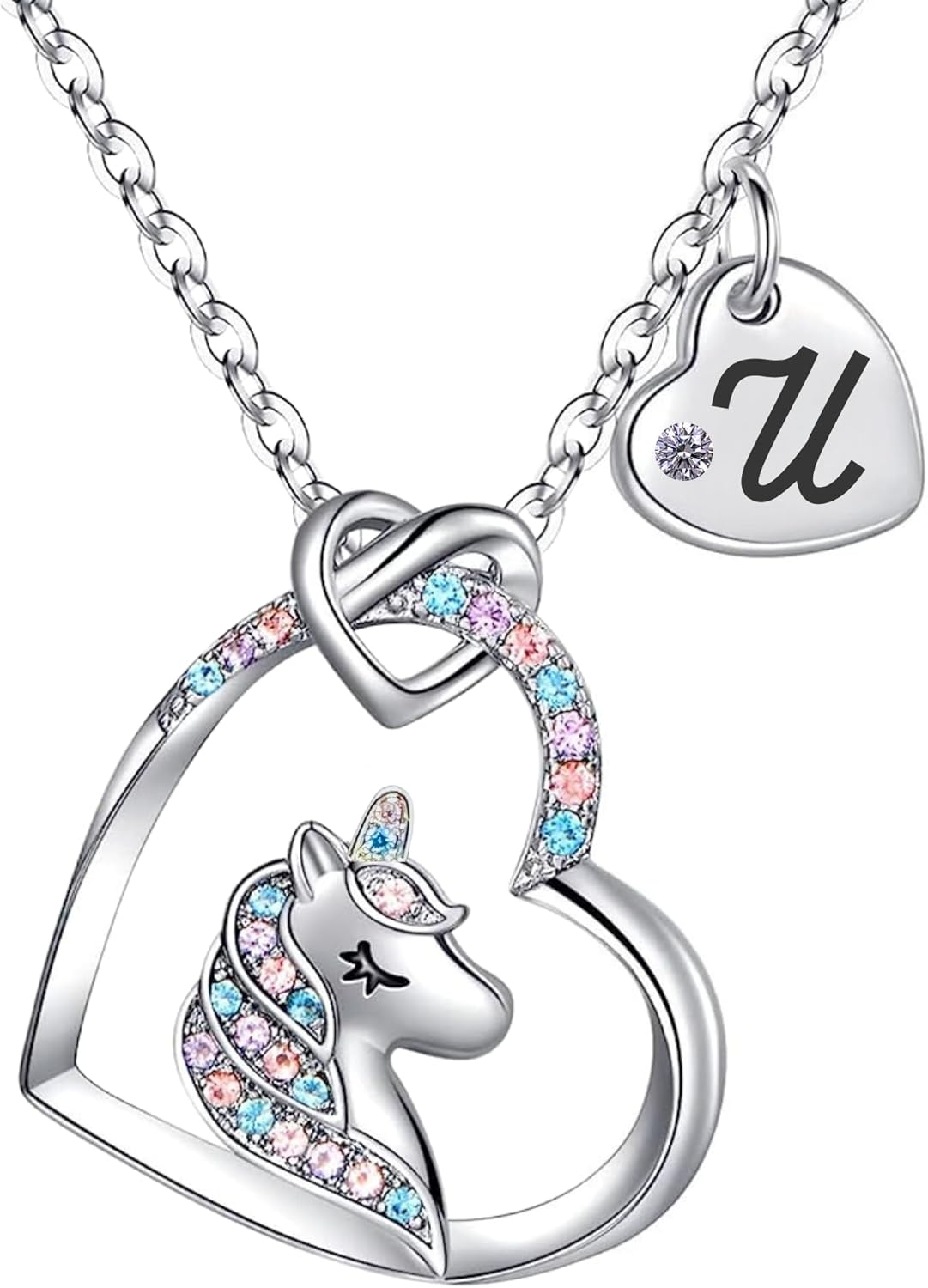 Unicorn Necklace for Girls Kids with Personalized Initial Heart Pendant, 18K Gold Fashion Jewelry for Girls, Colorful Heart Necklace for Birthday Gifts.