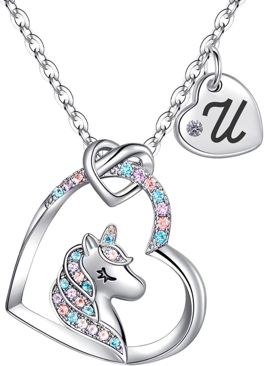 Unicorn Necklace for Girls Kids with Personalized Initial Heart Pendant, 18K Gold Fashion Jewelry for Girls, Colorful Heart Necklace for Birthday Gifts.