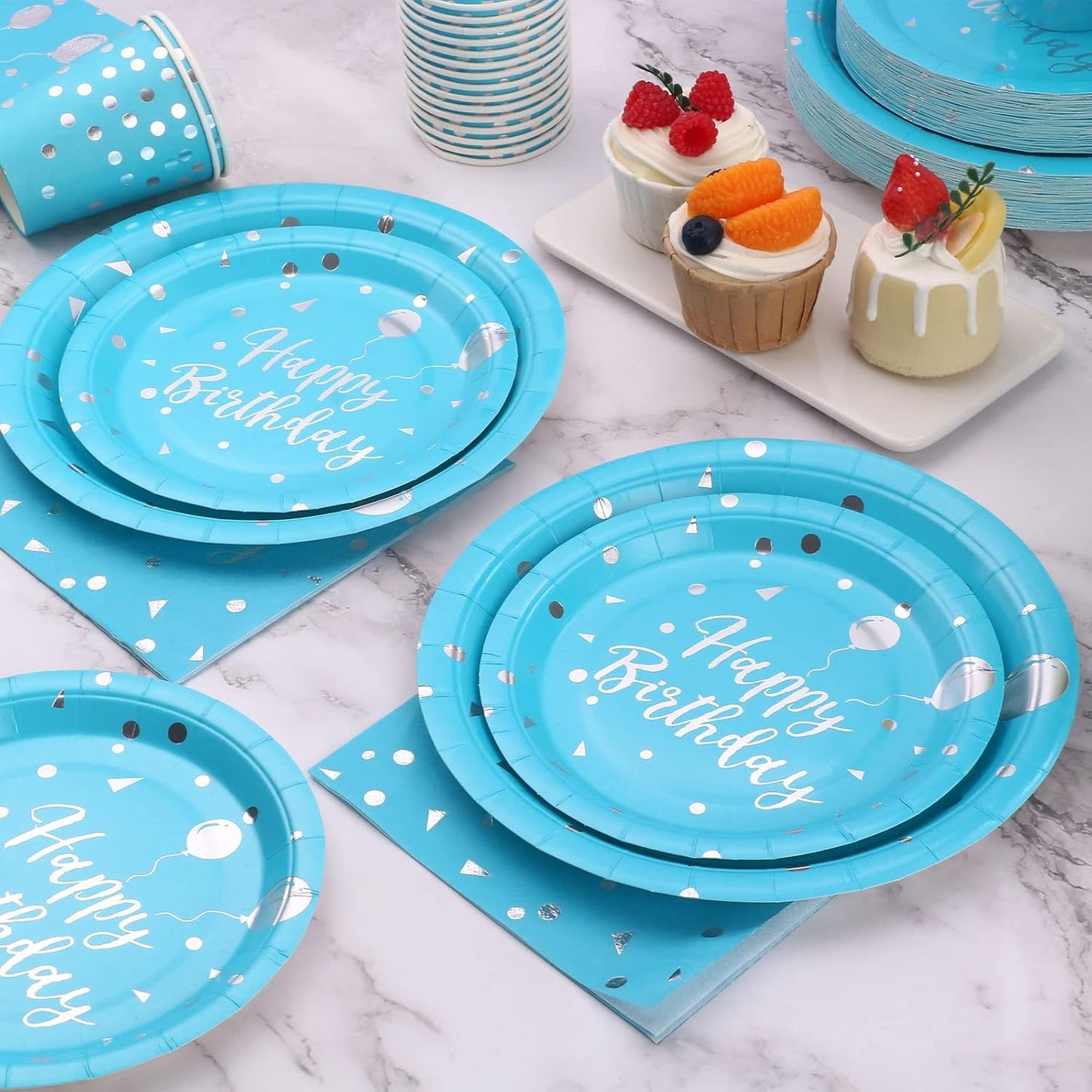 Light Blue Birthday Decorations - Light Blue Birthday Plates and Napkins Party Supplies Sever 25 Guest - Light Blue and Silver Paper Plates for Happy Birthday Party Decorations