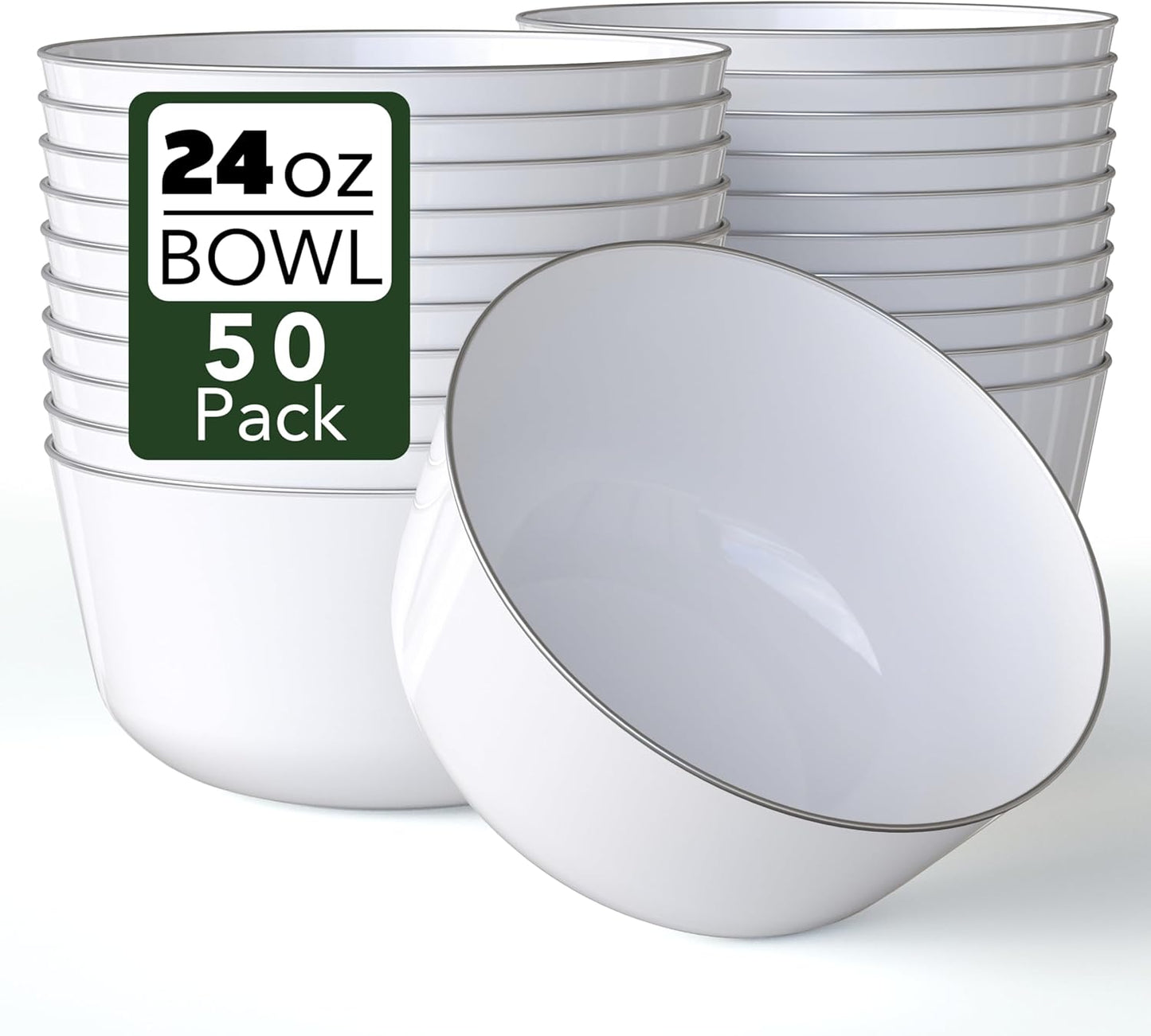 Trendables Disposable Bowls - Set of 50, 24 Oz Each, Silver Rimmed Fancy Plastic Serving Bowls, Ideal for Ice Cream, Salad, Candy