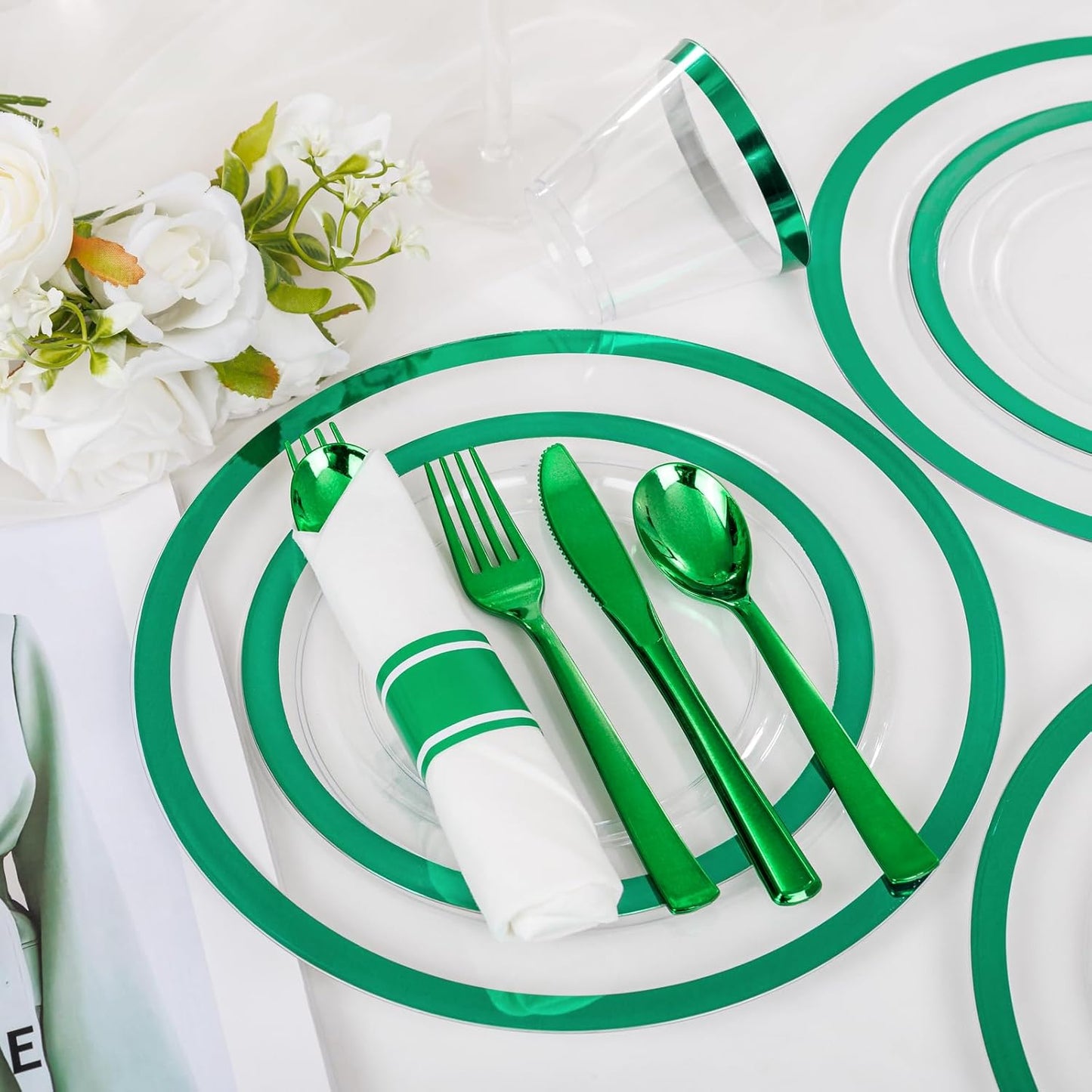 I00000 350 Pcs Green Plastic Plates-Clear Dinnerware Set for St. Patrick's Day Spring Decor,Include 100 Dinner and Dessert Plates,50 Plastic Cups 9 OZ,50 Per Rolled Napkins with Cutlery