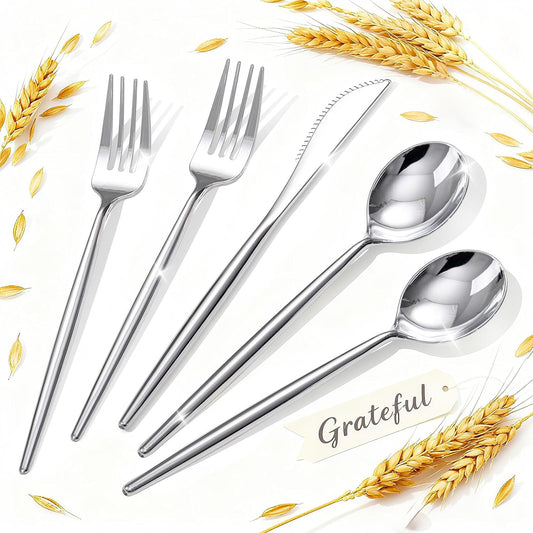 Rubtlamp 90Pcs Silver Plastic Silverware, Silver Plastic Thanksgiving Utensils, Plastic Cutlery Include 30 Knives, 30 Forks and 30 Spoons, Silverware Heavy Duty For Thanksgiving