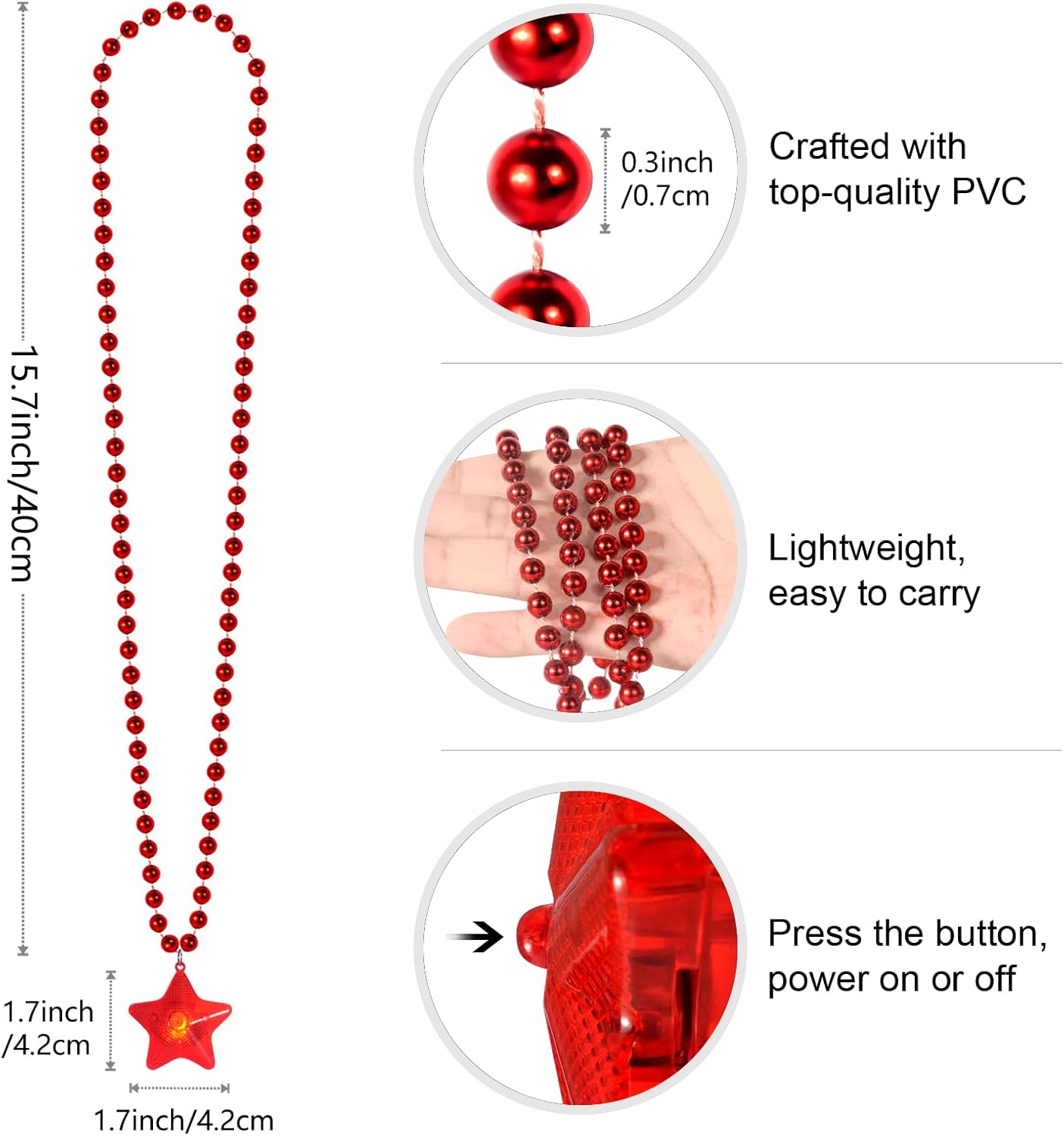 6 Pack Glow Red Necklace Beaded Necklaces with Light Up Star for Christmas July 4th Decorations Mardi Gras Party Favors