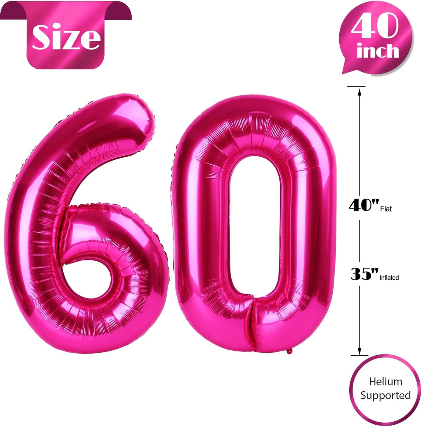 Hot Pink Number 60 Balloon 40 inch, 60 Number Balloons, 60th Birthday Decorations, 60 Year Old Women Hot Pink Party Supplies