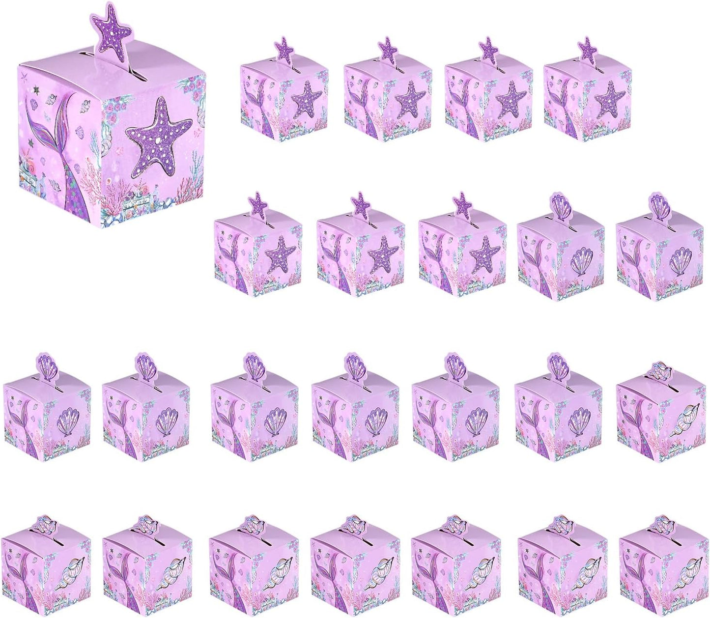 24 Pcs Mermaid Party Favor Boxes, 2.17inch Purple Under the Sea Foldable Goodie Boxes with Conch Starfish & Seashell, Treat Boxes for Candy Snacks & Gifts, Dreamy Birthday Baby Shower Party Supplies
