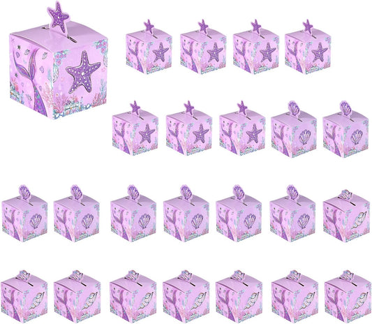 24 Pcs Mermaid Party Favor Boxes, 2.17inch Purple Under the Sea Foldable Goodie Boxes with Conch Starfish & Seashell, Treat Boxes for Candy Snacks & Gifts, Dreamy Birthday Baby Shower Party Supplies