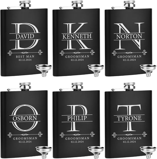 ELEGANTPARK Personalized Groomsmen Flasks with Initials Groomsmen Gifts Monogrammed Gifts Custom Wedding Flasks for Men Stainless Steel 8 OZ 1 Pcs