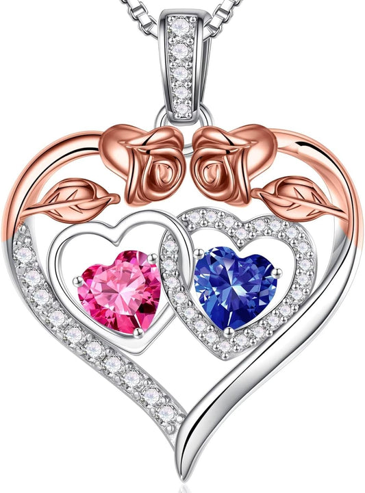 Iefil Double Birthstone Necklace Gifts for Wife Girlfriend Her Women, Birthstone Jewelry Gemstone Valentines Birthday Gifts for Her Women Wife Mom Grandma