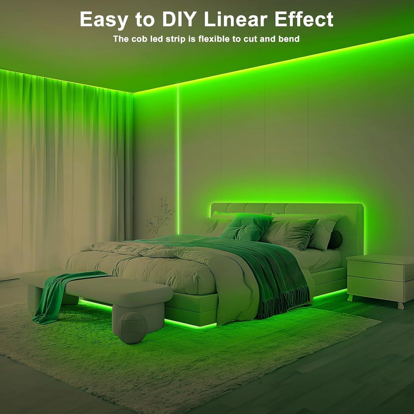 16.4ft Green COB Led Strip Lights with RF Remote, Dotless, Indoor, Dimmable, Adhesive Led COB Light Strip for Cabinet, Room, Bed, Paintings