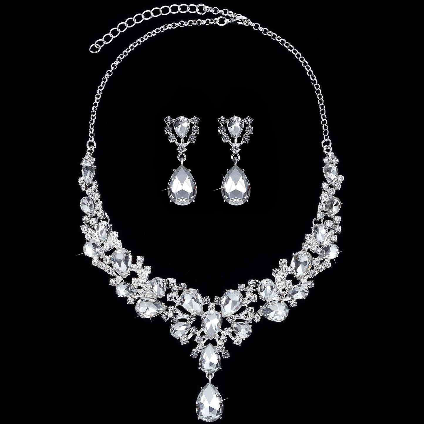 Hicarer Bridal Teardrop Cluster Crystal Jewelry Set for Women Necklace Earrings Wedding