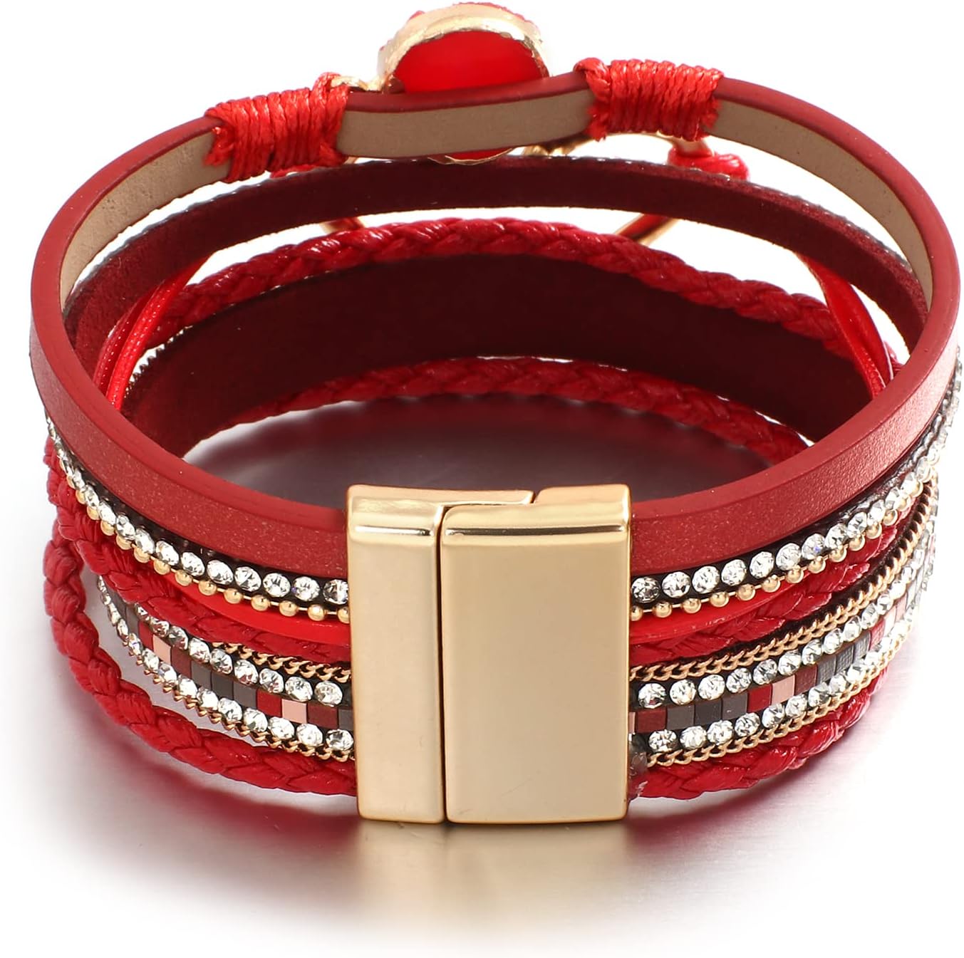 Leather Wrap Bracelet for Women Beaded Cuff Bracelet with Heart-shape Decor Bohemian Crystal Bracelet Jewelry with Clasp Bangle Bracelet for Women Girls Birthday Holiday Gift