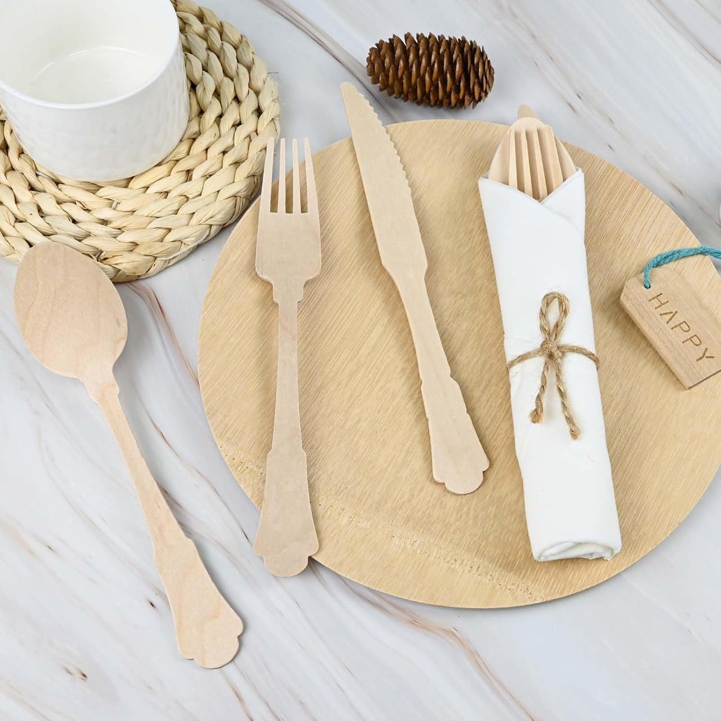 30Pack Pre Wrapped Disposable Wooden Cutlery - Pre Rolled Wooden Cutlery with Napkins, Wrapped Wooden Silverware Set Disposable, Biodegradable Disposable Wooden Cutlery with Napkins for Wedding