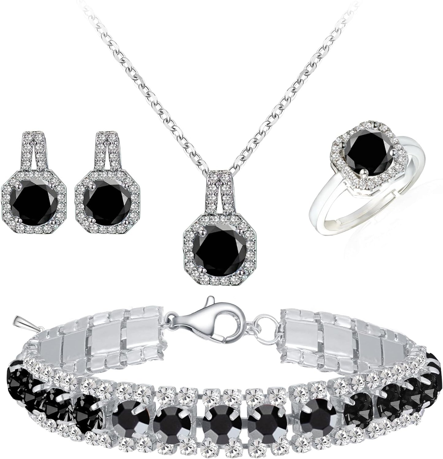 4pcs Cubic Zirconia Wedding Jewelry Sets for Bride Bridesmaid Cubic Zirconia Pendant Necklace Earrings Link Tennis Bracelet Open Ring Set for Women