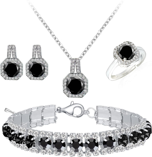 4pcs Cubic Zirconia Wedding Jewelry Sets for Bride Bridesmaid Cubic Zirconia Pendant Necklace Earrings Link Tennis Bracelet Open Ring Set for Women