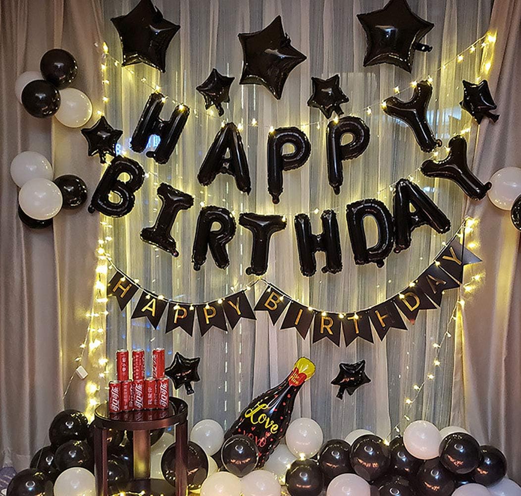 KALOR Black Happy Birthday Balloons Kit with16 Inch Mylar Foil Letters Balloon and Silver Star Balloons for Women, Men, Boys & Girls Kids Birthday Decorations Photo Backdrop