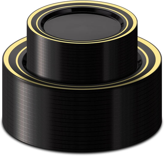 100PCS Black Plastic Plates Set with Gold Rim, 50 10.25 inch Dinner Plates and 50 7.5 inch Dessert Plates, Premium Disposable Plates forfor Party, Wedding, Holiday,And Halloween