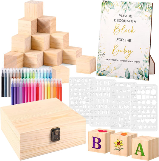 Draupnir 92 Pcs Fun Baby Shower Games Sign Kit Babies Coloring Blocks for Baby Shower, Wooden DIY Blank Blocks Freehand Painting with 36 Paint Markers