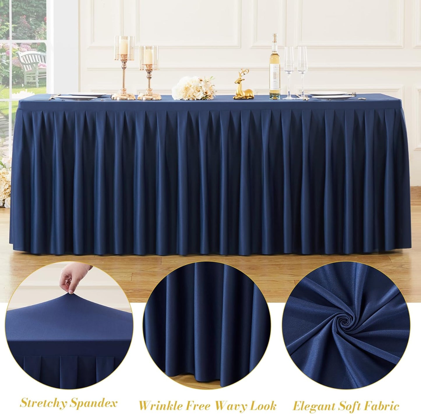 6 Pack Navy Blue Rectangle Tablecloth 8 FT Stretch Spandex Fitted Table Cloth for 8 Foot Rectangle Tables Banquet Tablecloths Wrinkle Free Table Cover Skirt Ruffle Tablecloth for Party Wedding