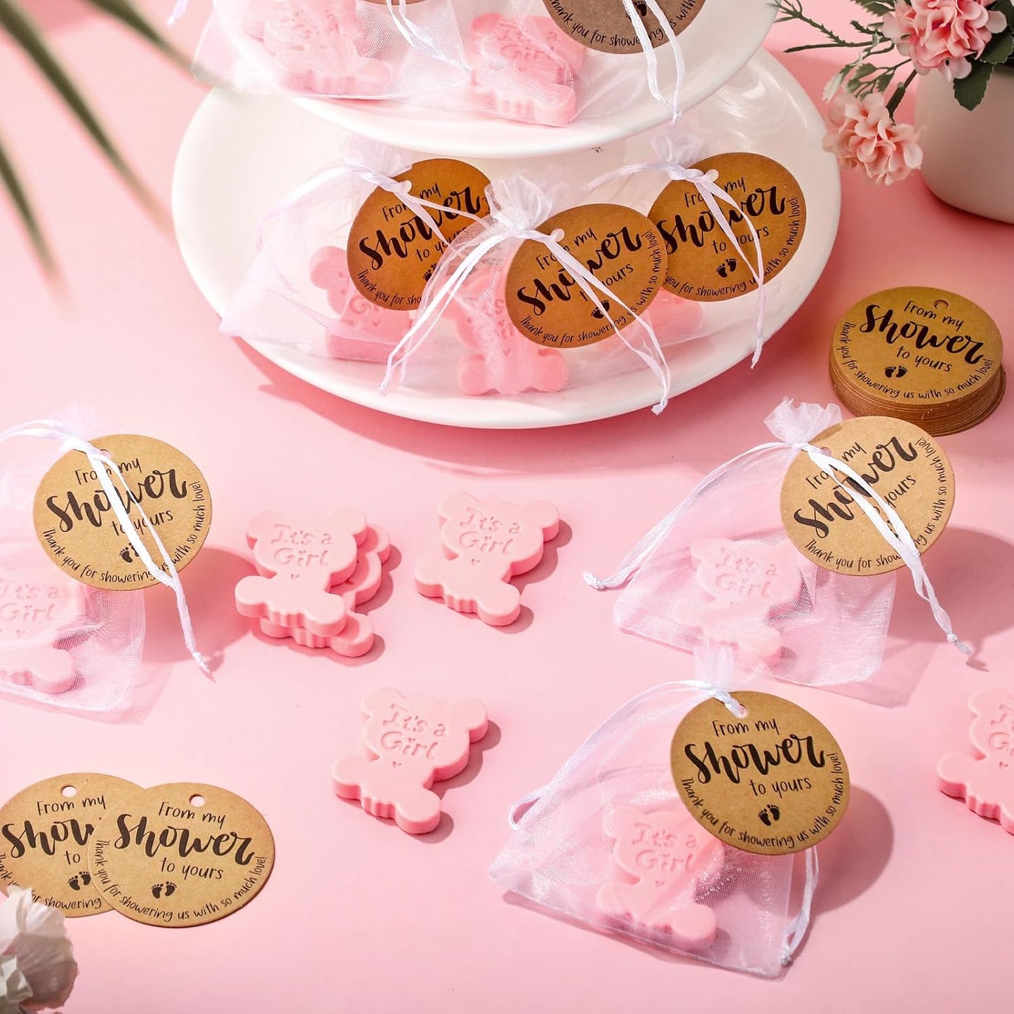 50 Sets Baby Shower Soap Favors for Guests Boy Girl Handmade Scented Soaps with Mini Thank You Tags and Organza Bags for Shower Gender Reveal Party Favors(It's A Girl)